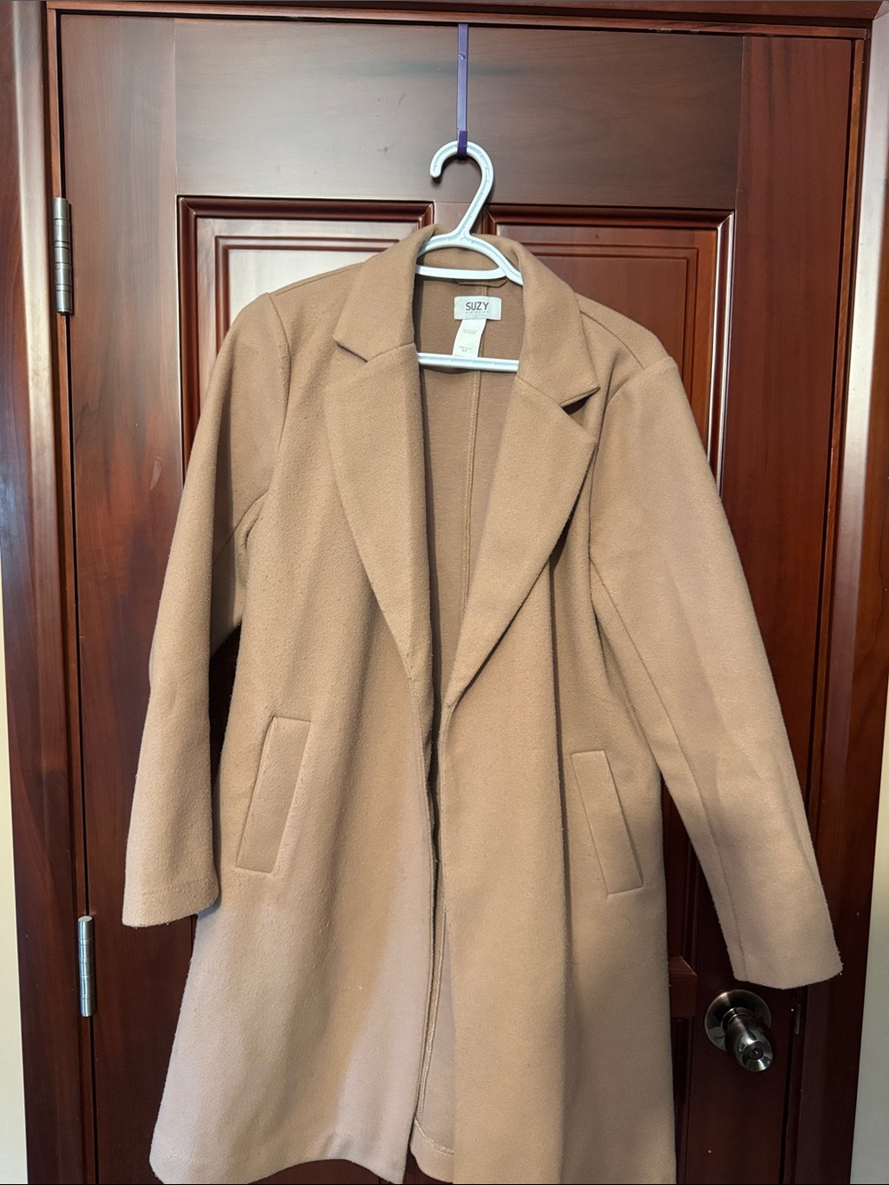 Suzy Shier Camel Single-Breasted Long Trench Coat